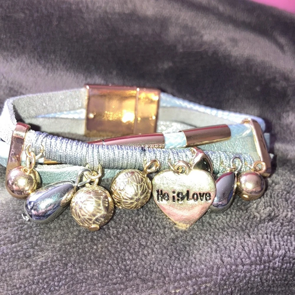 He Is Love Gold‎ & Silver Charms on Gray Layered Leather Bracelet Magnetic Clasp